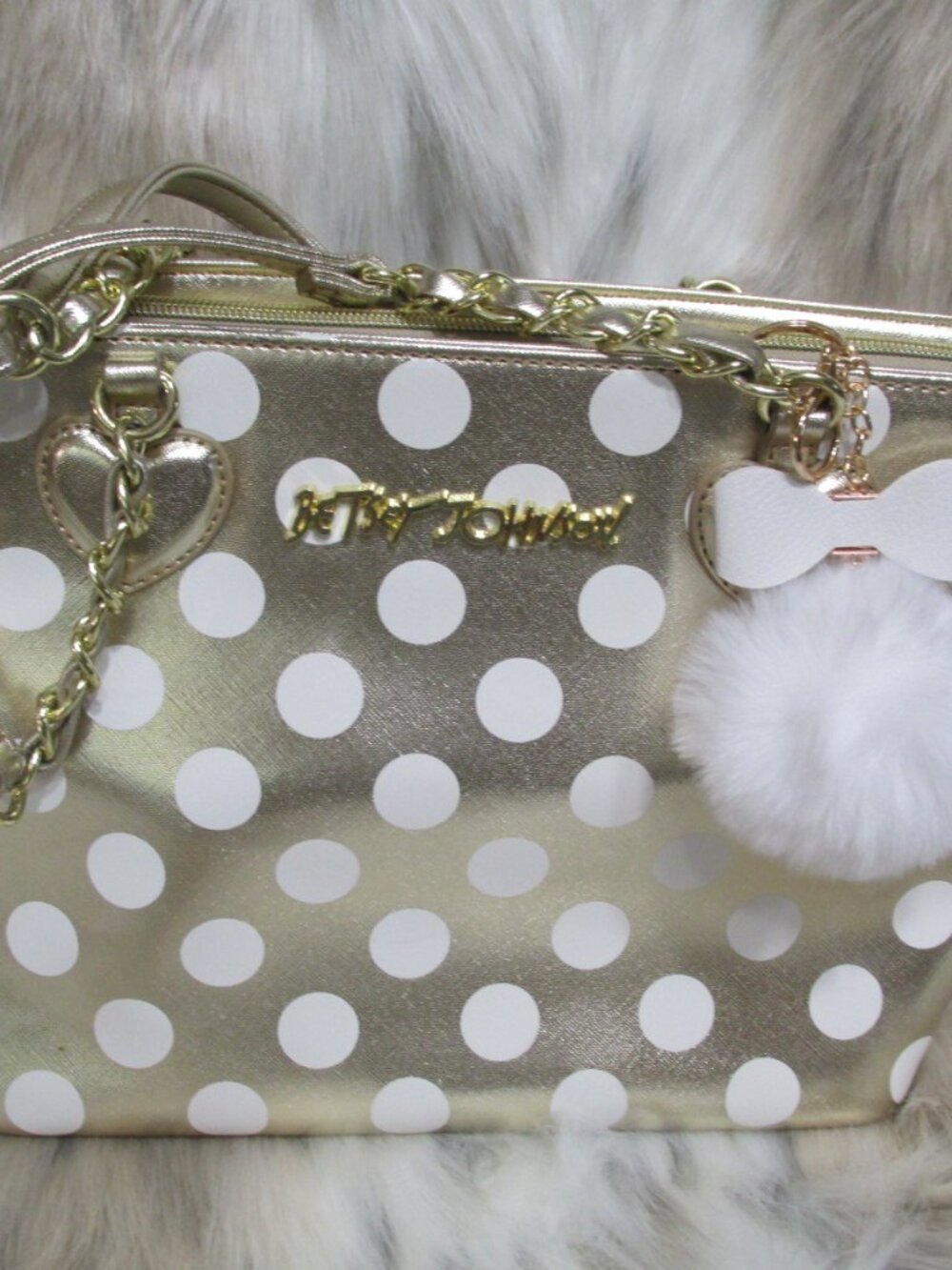 P2984-NWOT Betsey Johnson Gold w/White Polka Dots with Pom Pom